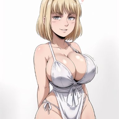 attack on titan, ymir fritz, gardener ai, stable diffusion, 1girls, arms behind back, bare arms, bare shoulders, bare thighs, blonde hair, cleavage, cowboy shot, curvy, dress, female