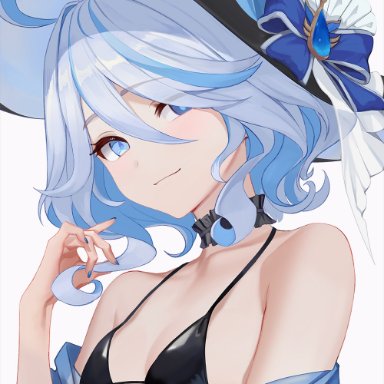 genshin impact, furina (genshin impact), 1girls, bikini, bikini top, blue eyes, blue hair, blush, female, female only, hat, looking at viewer, small breasts, smile, smiling at viewer