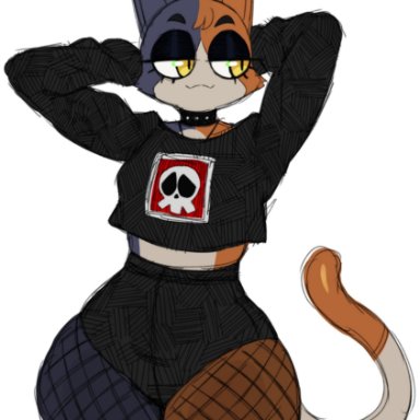 epic games, fortnite, meow skulls (fortnite), sssonic2, 1girls, anthro, anthro only, black clothing, black eyebrows, black fur, bone, breasts, calico cat, choker, clothing