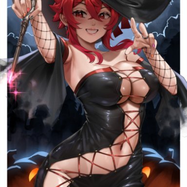 halloween, tomo-chan wa onna no ko, aizawa tomo, enmanuelart20, 1girls, breasts, female, large breasts, light skin, light-skinned female, long hair, red eyes, red hair, revealing clothes, smile