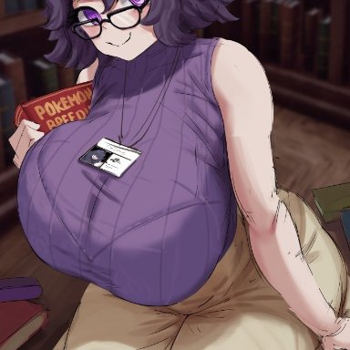 game freak, nintendo, pokemon, pokemon xy, hex maniac, silver queen, silverqueen0, 1girls, breasts, clothed, female, glasses, hips, huge breasts, librarian