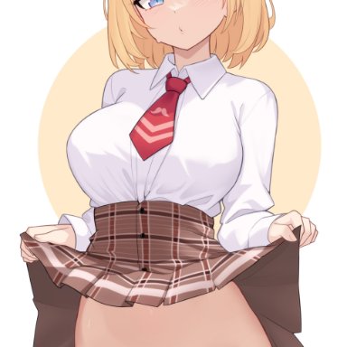 hololive, hololive english, watson amelia, moursho, 1girls, ass visible through thighs, before sex, blonde female, blonde hair, blonde hair female, blue eyes, blush, dress shirt, female, female focus