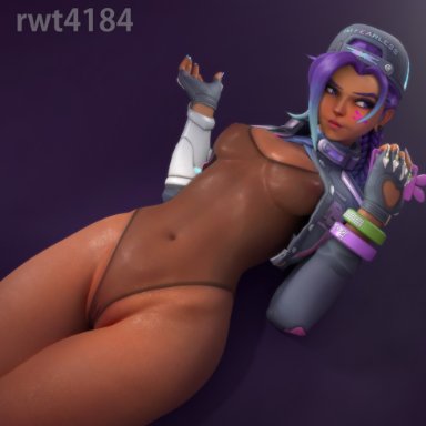 overwatch, overwatch 2, sombra, rwt4184, 1girls, belly button, caps, female, female only, jacket open, looking away, medium breasts, practically nude, see-through clothing, see-through swimsuit