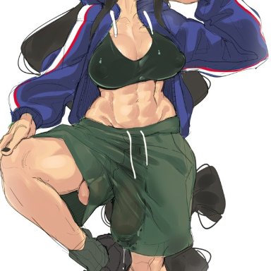 my hero academia, tsuyu asui, streachybear, 1futa, abs, baggy clothing, balls, balls under clothes, barely contained, basketball shorts, belly button, big balls, big breasts, big penis, black eyes