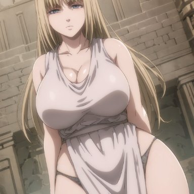 attack on titan, ymir fritz, gardener ai, stable diffusion, bare arms, bare legs, bare thighs, blonde hair, cleavage, curvy, dress, dress slit, grey eyes, hairband, hourglass figure