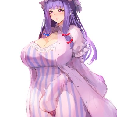 touhou, patchouli knowledge, nbo, 1futa, balls, bangs, big breasts, big penis, blush, blushing, breasts, bulge, busty, cleavage, clothed