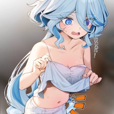 genshin impact, furina (genshin impact), itohana, 1girls, belly, belly button, blue eyes, breasts, clothing, crying, crying with eyes open, female, female only, fully clothed, midriff