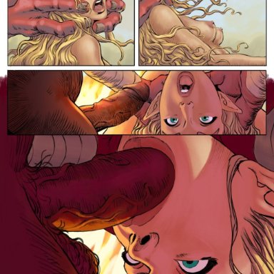 breath of the wild, the legend of zelda, bokoblin, princess zelda, zelda (breath of the wild), mainlyonhorn, blonde hair, campfire, fellatio, female, outside, rape, sex, threesome, comic