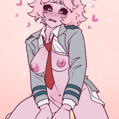 my hero academia, mina ashido, meganyx, abs, black eyes, blush, breasts, cowgirl position, faceless male, female, female focus, heart, male, nipples, pink background