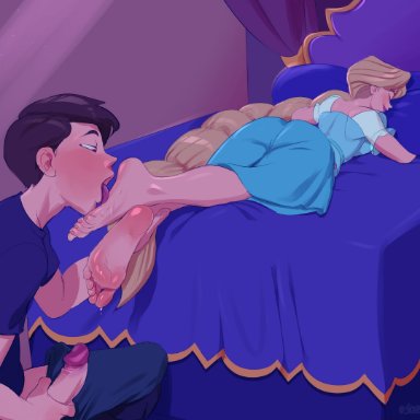 tangled, rapunzel, staerk, 1boy1girl, barefoot, big penis, blonde hair, blushing, duo, erection, feet, female, foot fetish, foot focus, foot lick