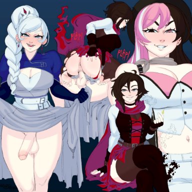 rwby, neo (rwby), ruby rose, weiss schnee, galactic overlord, 1futa, 1girls, anus, ass, balls, big breasts, big penis, black hair, braid, braided ponytail