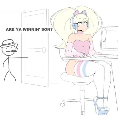 sealguy, 2boys, arm sleeves, blonde hair, butt, cat ear headphones, cat ears, caught in the act, choker, crossdressing, father and son, femboy, gamer, gaming, headset