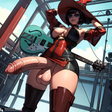 guilty gear, i-no, shadyfox, stable diffusion, 1futa, armpits, arms up, aviator sunglasses, balls, beauty mark, big penis, black hair, bodily fluids, breasts, choker