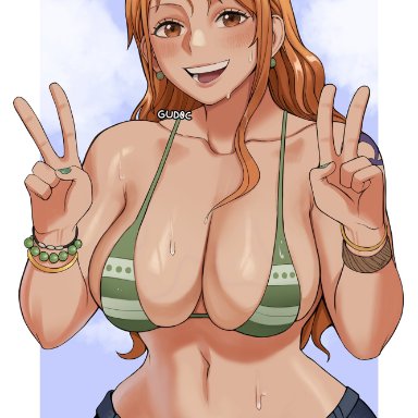 one piece, nami, gud0c, 1girls, bikini top, breasts, female, huge breasts, jeans, jeans down, light skin, light-skinned female, long hair, orange hair, overflow