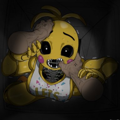 five nights at freddy's, five nights at freddy's 2, toy chica (fnaf), gonzalo costa, waa153, 1girl, animatronic, big penis, bodily fluids, bodysuit, female, fish hooking, grabbing from behind, grabbing mouth, mechanical