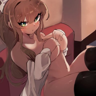 doki doki literature club, hoshoidk, 1girls, big breasts, blush, brown hair, couch, covering breasts, female, female only, green eyes, hair ribbon, looking at viewer, mostly nude, navel