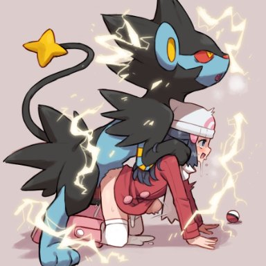 pokemon, pokemon (game), pokemon dppt, dawn (pokemon), luxray, chiwino, all fours, beanie, black fur, blue hair, clothed sex, coat, cum, cum overflow, doggy style