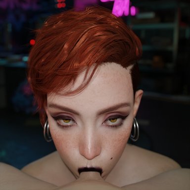 cyberpunk 2077, cyberpunk 2077: phantom liberty, aurore cassel, amfortas, black lipstick, blowjob, blowjob face, choker, cum, cum in mouth, cumshot, naked, red hair, small penis, small penis adoration