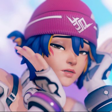 le sserafim, overwatch, kiriko (overwatch), bewyx, 1boy, 1girls, beanie, clothed, cum on face, cumshot, facial, female, fingerless gloves, male, pink nails