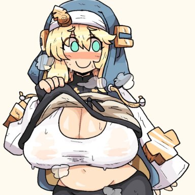 guilty gear, bridget, notnoe (dxcl), 1girls, aqua eyes, blonde hair, blush, breasts, busty, cleavage, clothes lift, female, huge breasts, navel, nun