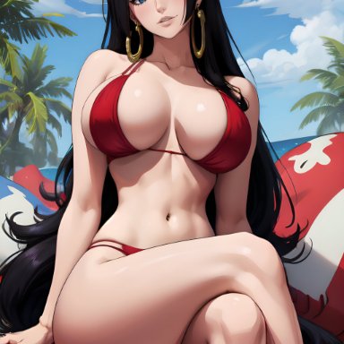 one piece, boa hancock, creamy ai, arm support, bare shoulders, beach, big breasts, bikini, black hair, blue eyes, collarbone, crossed legs, earrings, head tilt, long hair