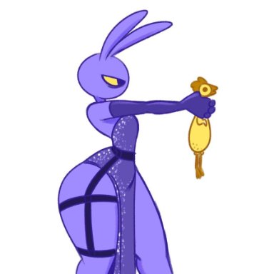 the amazing digital circus, jax (the amazing digital circus), plasticrarity, 1boy, anthro, big thighs, bunny, bunny ears, dress, femboy, femboy only, feminine, feminine body, feminine male, feminine pose