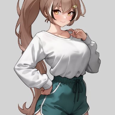 hololive, hololive english, hololive english -council-, hololive english -promise-, nanashi mumei, bluefield, 1girls, ahoge, booty shorts, breasts, brown eyes, brown hair, clothed, dolphin shorts, female