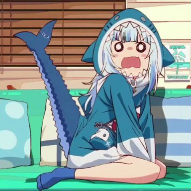 hololive, hololive english, gawr gura, drawfag, 1girls, animal hood, anus, ass, bangs, blue hair, blue hoodie, blue socks, blunt bangs, couch, crawling