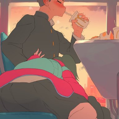 mcdonald's, yoru mac, nuezou, 1boy, 1girls, ass, backpack, black hair, black skirt, blowjob, blush, drinking, drinking straw, fellatio, female