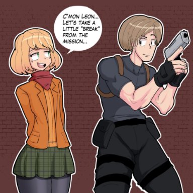 capcom, resident evil, resident evil 4, resident evil 4 remake, ashley graham, ashley graham (ella freya), leon scott kennedy, nozzynoz, 2boys, blonde hair, blonde male, clothed, engli, femboy, feminine male