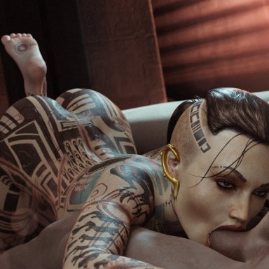 bioware, electronic arts, mass effect, mass effect 2, mass effect 3, jack (mass effect), bluelight, black hair, completely naked female, completely nude female, feet, feet up, female, female focus, female human