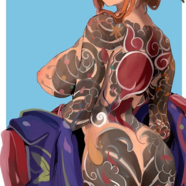 one piece, nami, artist request, mamimi (artist), ass, big ass, big breasts, body tattoo, breasts, female, kimono, large ass, large breasts, looking back, tenryuubito mark