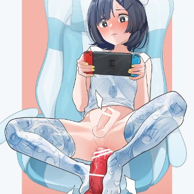 nintendo switch, original, mubo, 1boy, ahegao pattern, ass, black eyes, black hair, blush, bottomless, chair, cum, dildo, erection, femboy