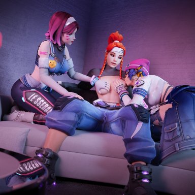 le sserafim, overwatch, overwatch 2, antifragile bb, antifragile dazzle, antifragile kira-kira, brigitte lindholm, d.va, kiriko (overwatch), kaepora (artist), 3girls, breast sucking, dildo, yuri, 3d