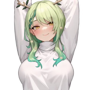 hololive, hololive english, hololive english -council-, ceres fauna, bluefield, 1girls, branch horns, breasts, clothed, female, green hair, horns, huge breasts, long hair, midriff