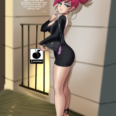 cartoon network, frankie foster, linkartoon, 1girls, big breasts, black dress, condoms, high heels, hoop earrings, makeup, pink lipstick, purse, red hair, seductive, solo