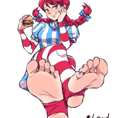 wendy's, wendy thomas, lewdsaiga, 1girls, ass, blue nails, blue toenails, braided hair, eating, feet, female, female focus, female only, foot fetish, foot focus