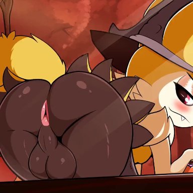 game freak, halloween, nintendo, pokemon, braixen, bluedeluge, 2boys, against glass, anal, anal insertion, anal sex, anthro, anus, asking for it, ass