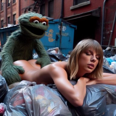 sesame street, oscar the grouch, taylor swift, alley, anthro, ass, blonde hair, closed eyes, doggy style, enjoying, grabbing from behind, grabbing hips, green fur, green hair, happy face