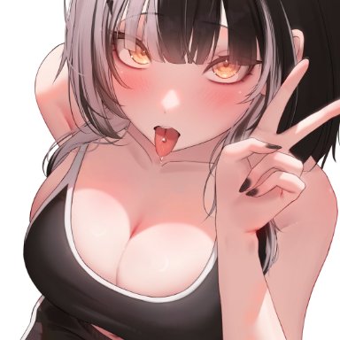 hololive, hololive english, hololive english -advent-, shiori novella, prrrab, 1girls, black hair, breasts, cleavage, female, huge breasts, tank top, tongue piercing, two tone hair, white hair