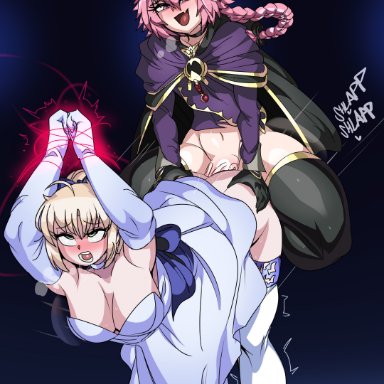 fate (series), fate/grand order, artoria pendragon, astolfo (fate), saber, captain kirb, 1boy, 1girls, arms tied above head, arms up, blonde hair, breasts, clothed sex, doggy style, dubious consent