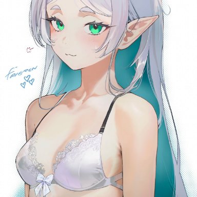 sousou no frieren, frieren, salmon88, 1girls, bare shoulders, blush, bow, bra, breasts, cleavage, collarbone, elf, female, green eyes, lace trim