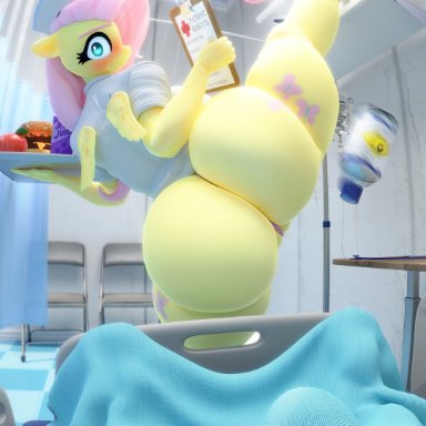 my little pony, fluttershy (mlp), snuddy, blanket, blush, bubble butt, equine, erection, erection under blanket, folding chair, hospital, hospital bed, huge ass, iv bag, lens flare