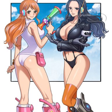 one piece, nami, nico robin, yohkn3, 2girls, ass, ass focus, belly button, big breasts, bikini bottom, bikini uniform, black hair, blue sky, blush, boots