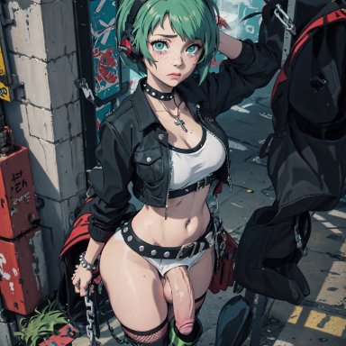 pixai, 1futa, ahoge, arm behind head, balls, bare midriff, belly, belly button, belt, big cock, big penis, black choker, black jacket, bracelet, breasts