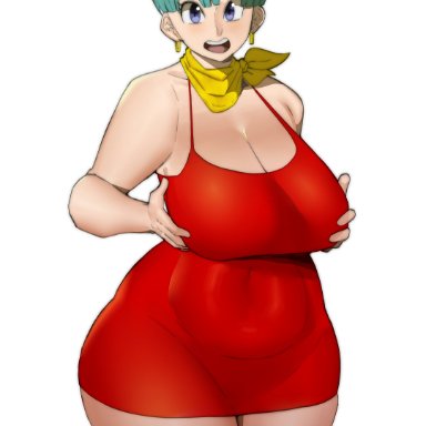 dragon ball, dragon ball z, bulma (dragon ball), bulma briefs, doublehero, big breasts, blue hair, breasts, cleavage, massive thighs, red dress, thick thighs, thunder thighs, tagme