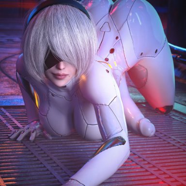 nier, nier: automata, yorha 2b, stevencarson, 1futa, all fours, ass, big ass, big breasts, big penis, blindfold, bodysuit, breasts, futa only, futanari