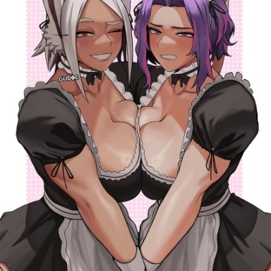 my hero academia, kaina tsutsumi, lady nagant, miruko, rumi usagiyama, gud0c, 2girls, animal ears, apron, big breasts, breast press, breasts, dark skin, dark-skinned female, maid