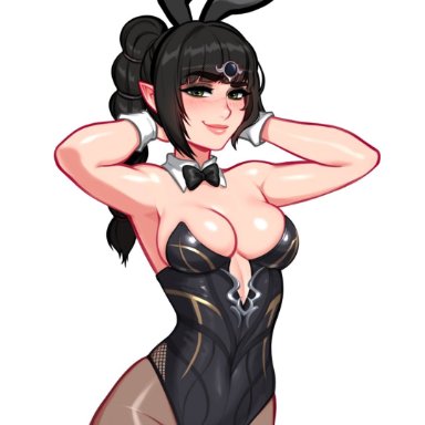 baldur's gate, baldur's gate 3, dungeons and dragons, shadowheart, blushypixy, blushyspicy, 1girls, black hair, blush, bow, bowtie, bunny ears, bunny girl, bunnysuit, cleavage