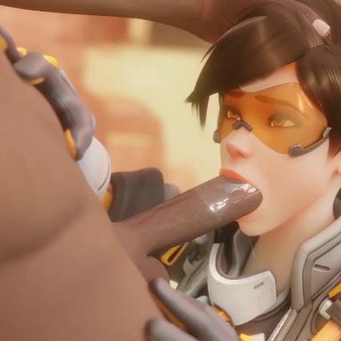 overwatch, overwatch 2, lena oxton, tracer, bewyx, cinderdryadva, lerico213, 1boy, 1girls, blowjob, blurry background, brown hair, clothed female, clothed female nude male, cum